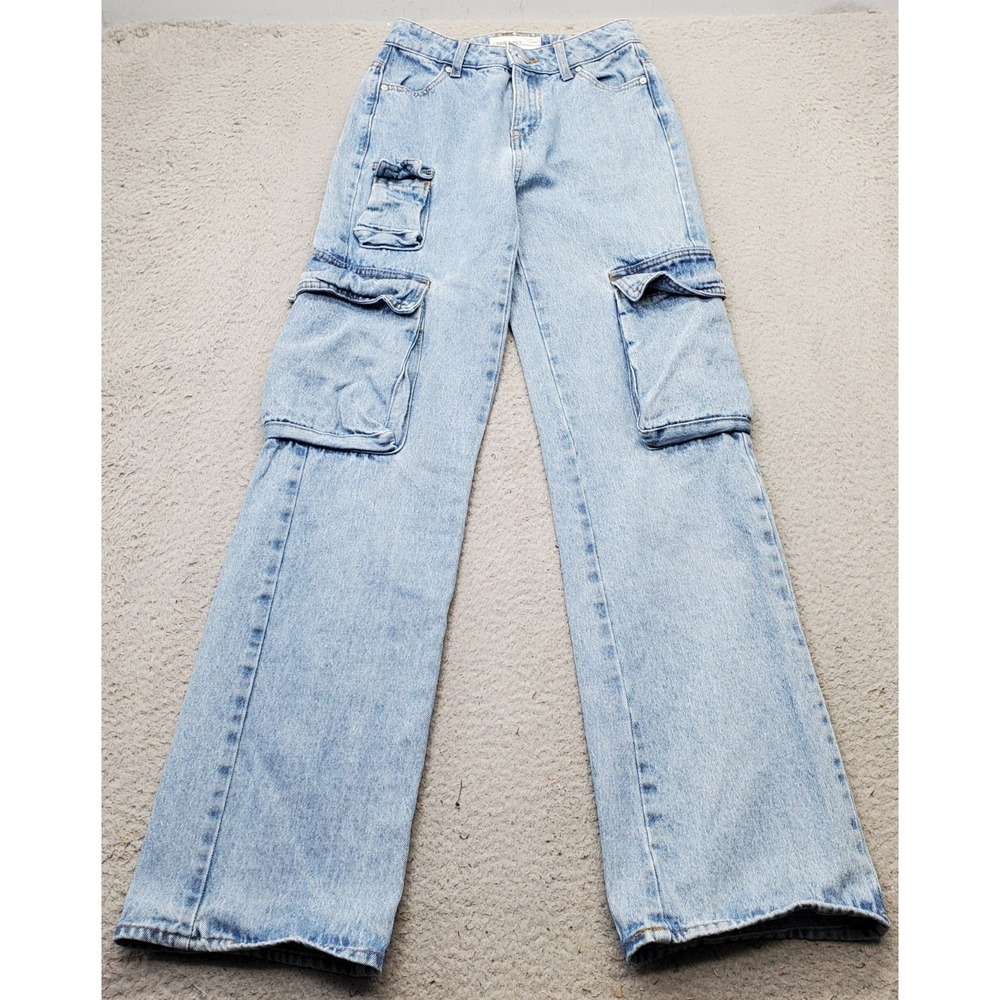 Ban.Jara Cargo Jeans Womens 00/22 Blue Denim Flat Front Straight Leg Medium Wash